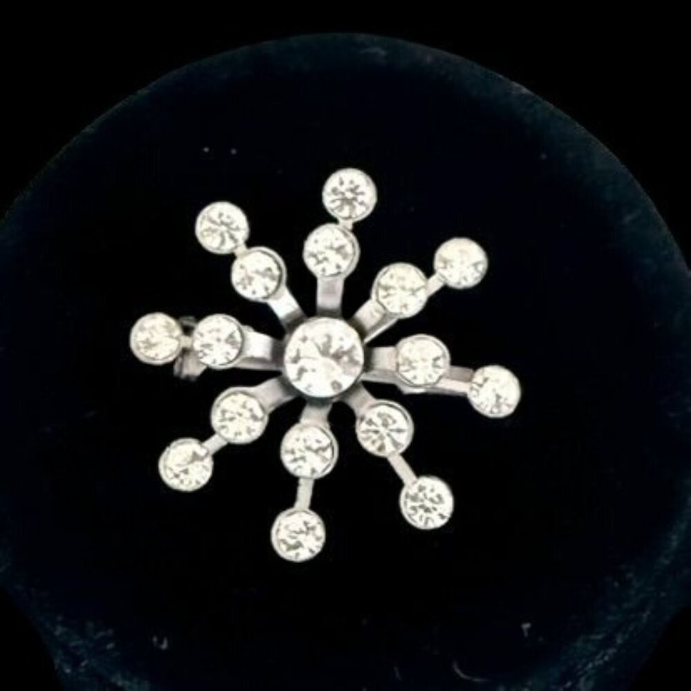 Vintage Rhinestone Starburst Brooch Pin 1.25 in Silver Tone Metal Sparkle Design